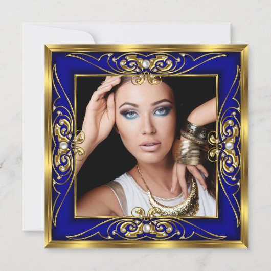 エリートブルー王室の金ゴールドパール写真30歳の誕生日 招待状 (裏面)