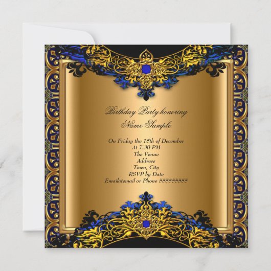 エリートブルー王室の金ゴールドブラックバースデーパーティー 招待状 (裏面)