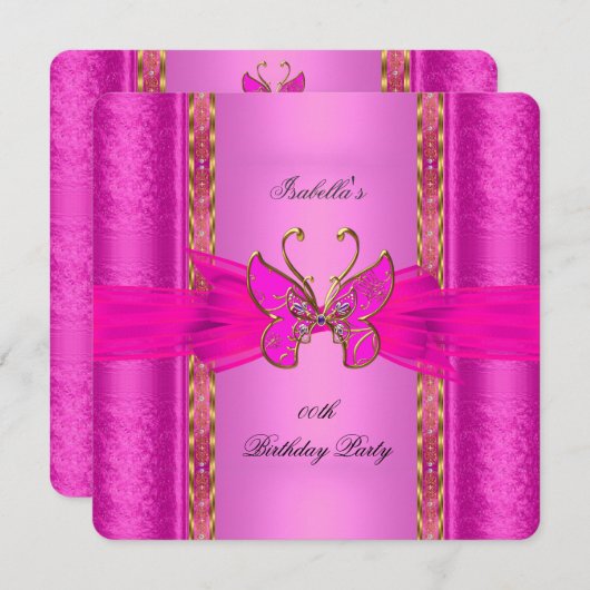 エリートホッエレガントトピンク金ゴールド蝶パーティー 招待状 (正面/裏面)