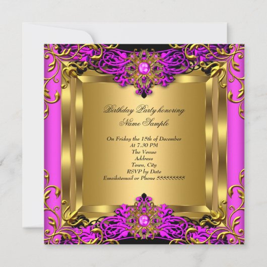 エリートホットピンクジェム金ゴールドブラックバースデーパーティー 招待状 (裏面)