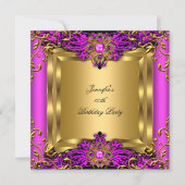 エリートホットピンクジェム金ゴールドブラックバースデーパーティー 招待状 (正面)