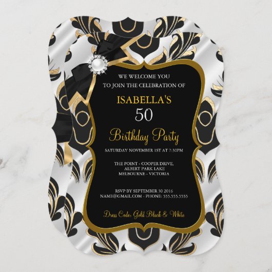 エリートホワイトパール金ゴールドブラックダマスクパーティー招待状 招待状 (正面/裏面)