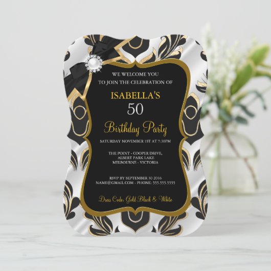 エリートホワイトパール金ゴールドブラックダマスクパーティー招待状 招待状 (スタンド正面)