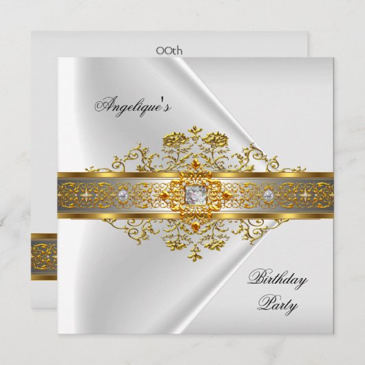 エリートホワイト金ゴールドブラックバースデーパーティー 招待状 (正面/裏面)
