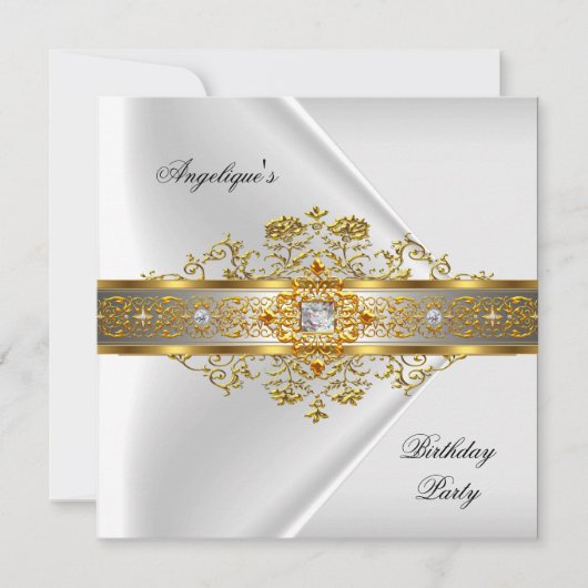 エリートホワイト金ゴールドブラックバースデーパーティー 招待状 (正面)