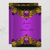 エリートマゼンタ金ゴールドブラックレースバースデーパーティー 招待状 (正面/裏面)