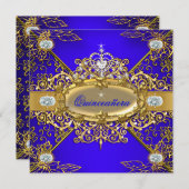 エリート王室のキンセアニェラブルー金ゴールドダマスク15th 2 招待状 (正面/裏面)