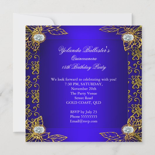 エリート王室のキンセアニェラブルー金ゴールドダマスク15th 2 招待状 (裏面)