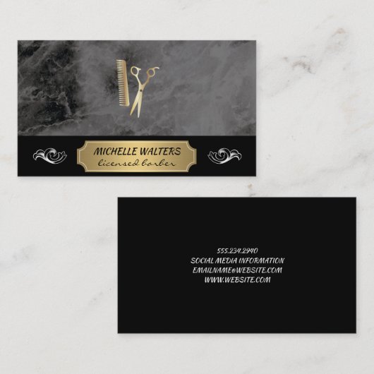 エリート理容師 | 黒大理石金ゴールドめっき背景 名刺 (正面/裏面)