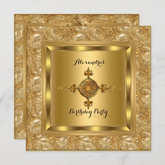 エリート金ゴールドダイヤモンドジュエルエレガントバースデーパーティー 招待状 (正面/裏面)