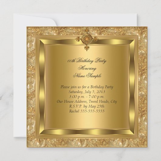 エリート金ゴールドダイヤモンドジュエルエレガントバースデーパーティー 招待状 (裏面)