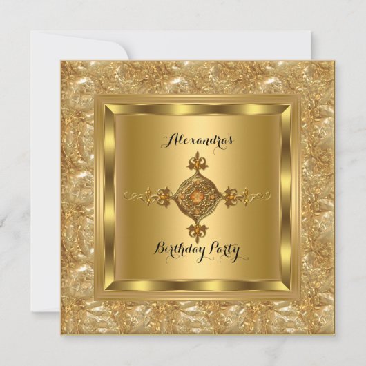 エリート金ゴールドダイヤモンドジュエルエレガントバースデーパーティー 招待状 (正面)