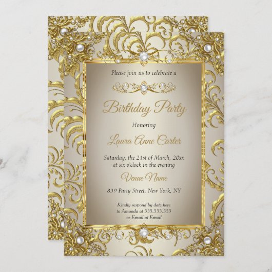 エリート金ゴールドダマスクリームパールバースデーパーティー 招待状 (正面/裏面)