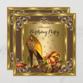 エリート金ゴールドブラウンバラハイヒール誕生日パーティー 招待状 (正面/裏面)