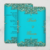 エリート エレガント ウェディング オルネート ティール ブルー ゴールド 招待状 (正面/裏面)