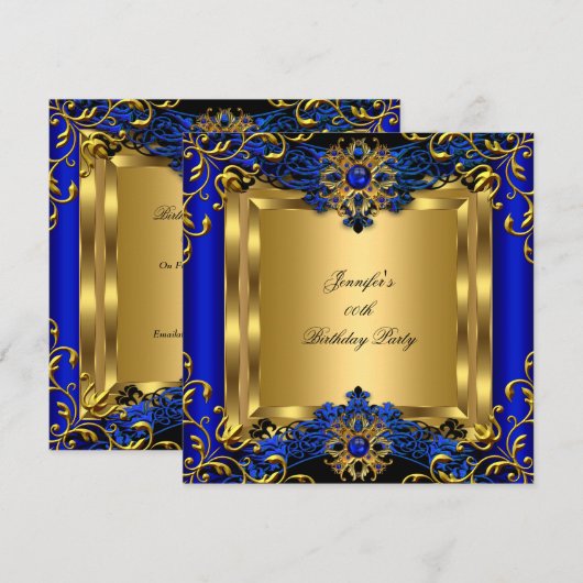 エリート ロイヤル ブルー ジェム ゴールド ブラック バースデー パーティー 2a 招待状 (正面/裏面)