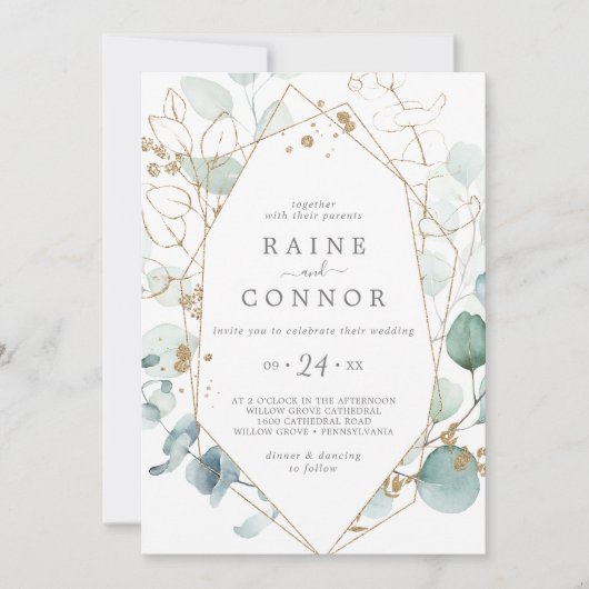 エリー・グリーンと金ゴールドカジュアルリーフ結婚ズ 招待状 (正面)