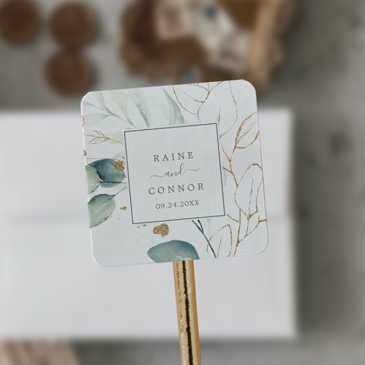 エリー・グリーンと金ゴールド結婚・リーフの封筒用シール スクエアシール