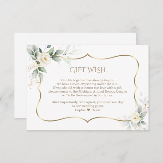 エリー・グリーン・ホワイト・ローズ結婚・金ゴールドの贈与願い エンクロージャーカード (正面/裏面)