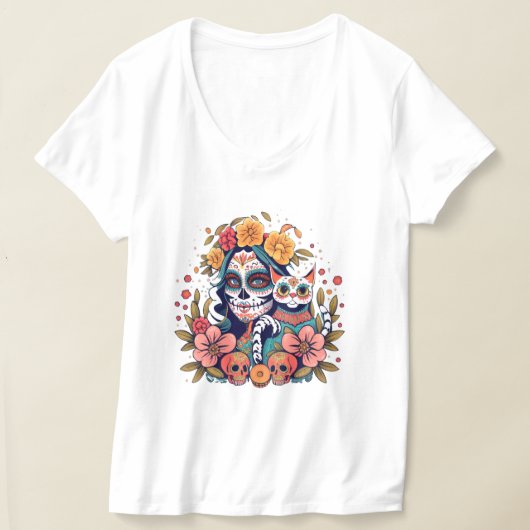 エルガト・カトリナ： A Feline Dia de los Muertos Fusio Tシャツ (レイダウン)