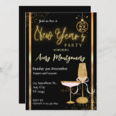 エルガンテブラックモダン金ゴールド新年パーティー 招待状 (正面/裏面)