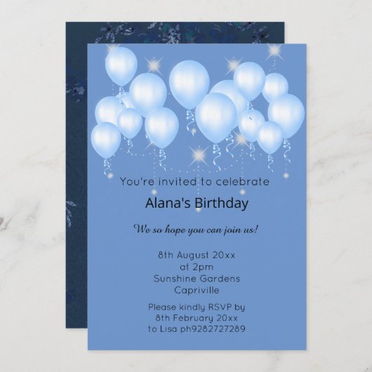 エルガントネイビーモダン春バルーンスパークル 招待状 (正面/裏面)