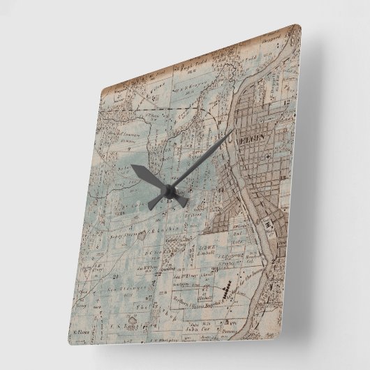 エルギンイリノイ1870プラットマップキツネリバーダウンタウン スクエア壁時計 (傾斜)