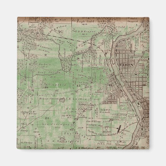 エルギンイリノイ1870プラットマップキツネリバーダウンタウン マグネット (正面)