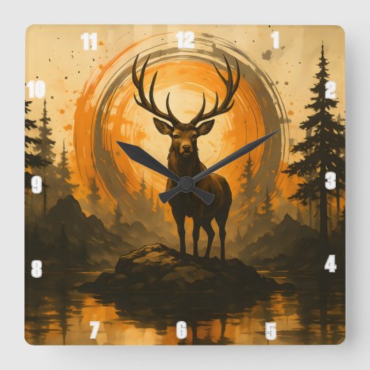 エルク威厳のあるが誇らしげに立つ岩の森 スクエア壁時計 (正面)