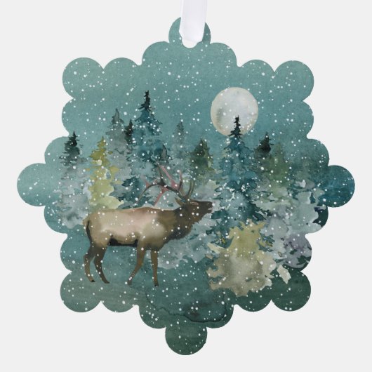 エルク威厳のあるフォレストフルムーン降雪クリスマス オーナメントカード (正面)
