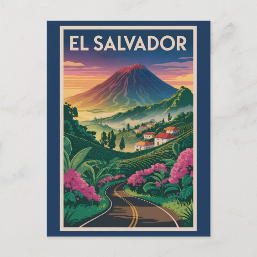 エルサルバドル火山イラスト旅行アートヴィンテージ ポストカード (正面)
