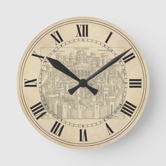 エルサレムの中世木版画 ラウンド壁時計 (正面)