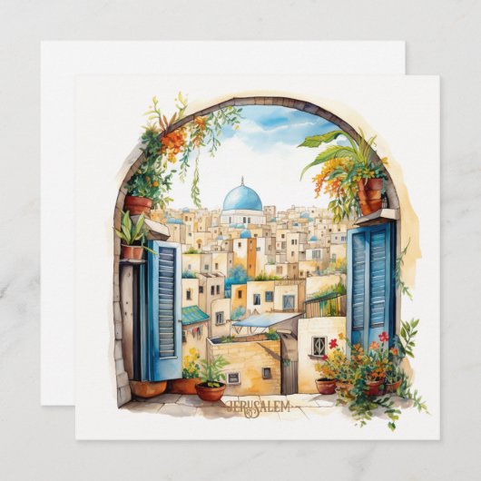 エルサレム窓ビューイラストレーションホリデーカード シーズンカード (正面/裏面)