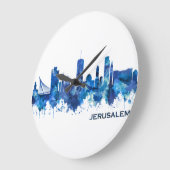 エルサレム・イスラエル・スカイライン・ブルー ラージ壁時計 (傾斜)