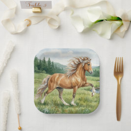 エルスカ アイスランドの馬 水彩画 ペーパープレート