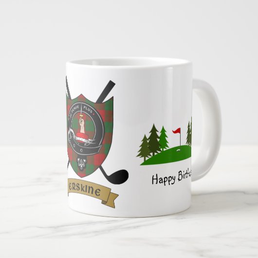 エルスキネクランバッジ&タータンチェックパーソナライズされたゴルフ ジャンボコーヒーマグカップ (正面右)