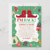 エルフが戻ってきた！クリスマスプレゼントを届けるエルフの到着お知らせカード 招待状 (正面)