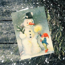 エルフと雪だるまのビンテージ クリスマスカード