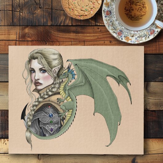 エルフの戦士ドラゴンのファンタジー魔法の中世ピーチ ジグソーパズル