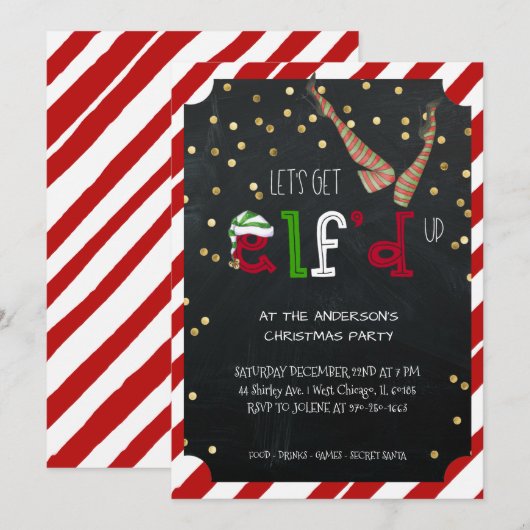 エルフをテーマにしたホリデークリスマスパーティー 招待状 (正面/裏面)