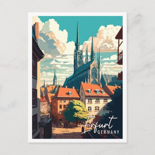 エルフルトドイツヴィンテージ旅行イラストレーション ポストカード (正面)