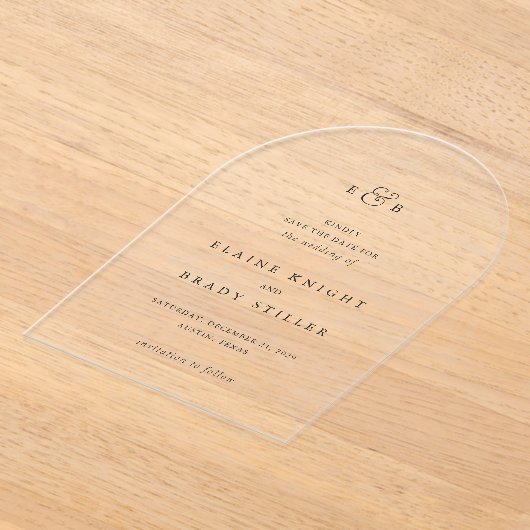 エレインモノグラムエレガントな結婚式の日付を保存 アクリル招待状 (レイダウン)
