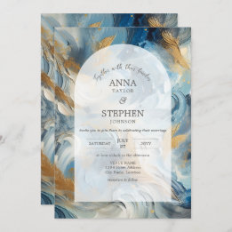 エレガコンテンポラリーンス：ブルーホワイト金ゴールド結婚ズ 招待状