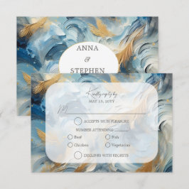 エレガコンテンポラリーンス：ブルーホワイト金ゴールドRSVP 出欠カード