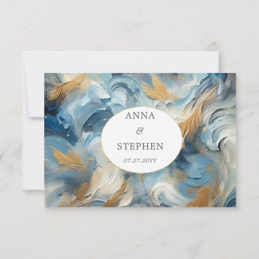 エレガコンテンポラリーンス:ブルーホワイト金ゴールドRSVP 出欠カード (裏面)