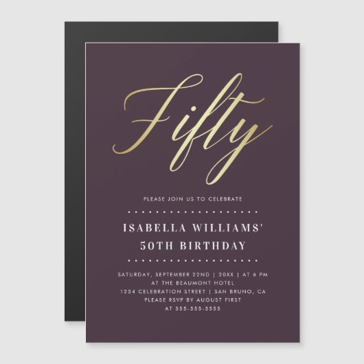 エレガシンプルンス| フェイク金ゴールド第50誕生日 マグネット招待状 (正面/裏面)