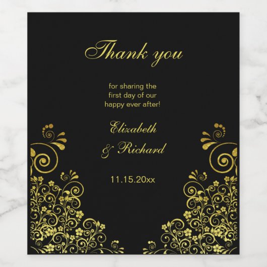 エレガパーソナライズされたントウェディングブラック金ゴールドありがとう ワインラベル (シングルラベル)