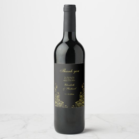 エレガパーソナライズされたントウェディングブラック金ゴールドありがとう ワインラベル (正面)