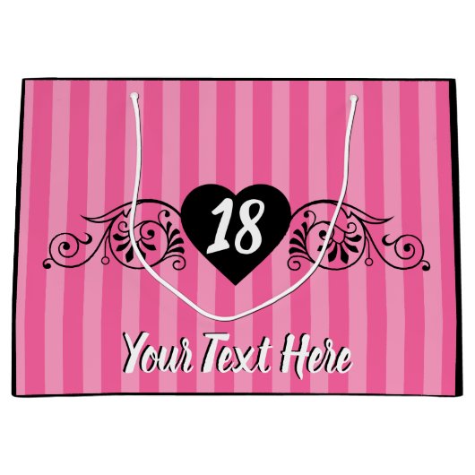 エレガフェミニンントバースデーパーティーピンクストライプ色 ラージペーパーバッグ (正面)