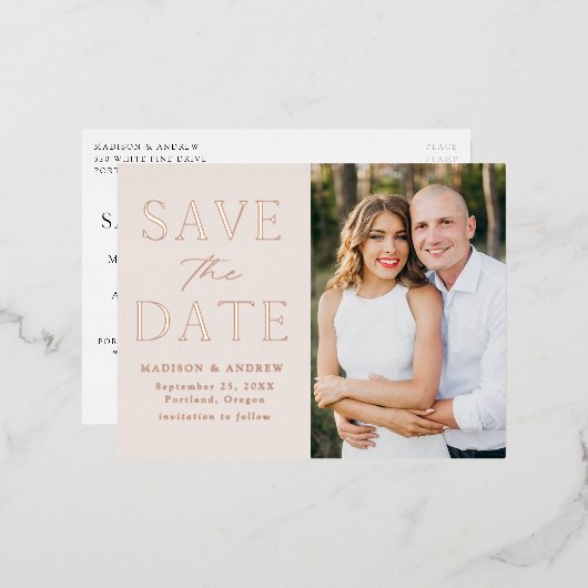 エレガモダンンスバラ金ゴールド結婚式保存日 箔招待状ポストカード (正面/裏面)